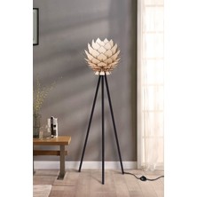 Woodhub Lotus Metal Ayaklı Yerpuar Anahtarlı Ahşap Modern Tripod Üç Ayaklı Lambader Aydınlatma