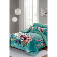 Çift Kişilik Sık Dokuma Pamuk Saten 3D Özel Tasarım Çiçekli Turkuaz Nevresim Takımı