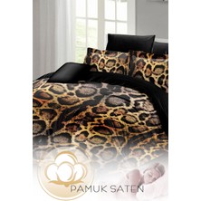 Çift Kişilik Lastikli Çarşaflı Pamuk Saten Lux Leopar Nevresim Takımı