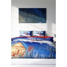 Yılbaşı Çift Kişilik Nevresim Lastikli Çarşaflı Pamuk Saten Blue Snow Nevresim Takımı