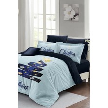 Yılbaşı (Lastikli Çarşaflı) Çift Kişilik Pamuk Saten Blue Noel Nevresim Takımı