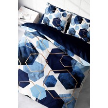 Çift Kişilik Sık Dokuma Pamuk Saten 3D Özel Tasarım Blue Hexagon Nevresim Takımı