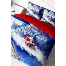 Yılbaşı Çift Kişilik Nevresim Lastikli Çarşaflı Pamuk Saten Blue Noel Nevresim Takımı
