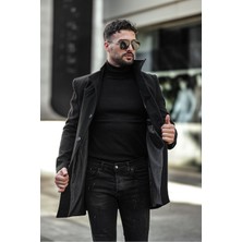 Gm Giyimarket Erkek Dar Kesim Kaşe Kaban Uzun Kol Siyah Biker Yaka Orta Kalınlık