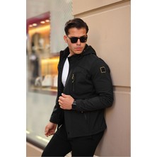 Erkek Mavi Kapüşonlu Softshell Su ve Rüzgar Geçirmez Içi Kürklü Mont