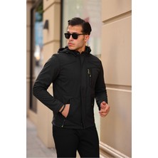 Erkek Mavi Kapüşonlu Softshell Su ve Rüzgar Geçirmez Içi Kürklü Mont