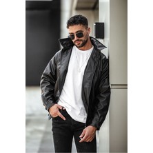 Oversize Rahat Kesim Siyah Deri Ceket
