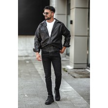 Oversize Rahat Kesim Siyah Deri Ceket