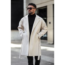 Erkek Siyah Kemerli Oversize Rahat Kesim Kaşe Kaban