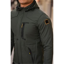 Erkek Mavi Kapüşonlu Softshell Su ve Rüzgar Geçirmez Içi Kürklü Mont