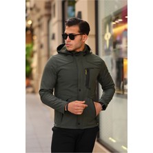 Erkek Mavi Kapüşonlu Softshell Su ve Rüzgar Geçirmez Içi Kürklü Mont