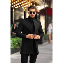 Erkek Siyah Dik Yaka Uzun Kaşe Kaban