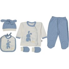 Erkek Bebek Ekru Mavi Boy Tavşan Nakışlı 5 Parça Hastane Çıkışı