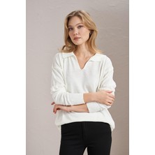 Tena Kadın Ekru Gömlek Yaka Basic Triko Kazak