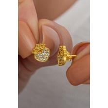 Nereze 925 Ayar Gümüş Gold Kaplama Minik Kral Tacı Kalp Küpe