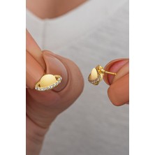 Nereze 925 Ayar Gümüş Gold Kaplama Minik Beyaz Zirkon Taşlı Gezegen Küpe