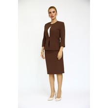 Önder Özsoy Sıfır Yaka Düz Kısa Ceket &  Düz Dar Etek-Kestane