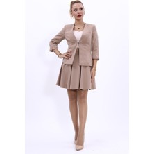 Önder Özsoy V Yaka Boydan Kuplu Kısa Ceket & Kısa Kloş Etek-Taş