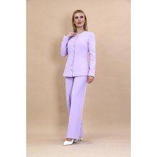 Önder Özsoy Sıfır Yaka Boydan Düğmeli Ceket & Bol Paça Pantolon-Menekşe