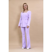 Kare Yaka Ceket & İspanyol Paça Pantolon-Menekşe