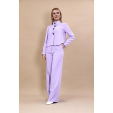 Önder Özsoy Oval Dik Yaka Kısa Ceket &  Korsaj Kemer Palazzo Pantolon-Menekşe