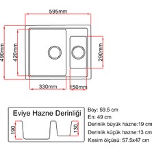 Granite Rising 1,5 Gözlü- Gri Renk - 60X50 cm Granit Eviye