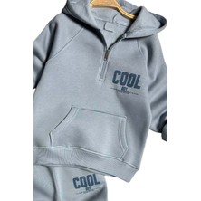 Erkek Çocuk Cool Boy Baskılı Fermuarlı Yaka Cepli Sweatshirt Buz Mavisi Eşofman Takım