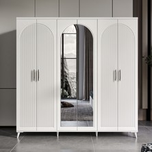 GuneyStore Ücretsiz Montaj -%100 MDF Oslo 6 Kapaklı - Aynalı Beyaz Gardırop - MDF Dolap - Elbise Dolabı