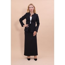 Önder Özsoy Sıfır Yaka Düz Kısa Ceket & Uzun Düz Dar Etek-Siyah