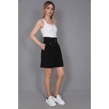 Yüksek Bel Pileli Şort-Siyah
