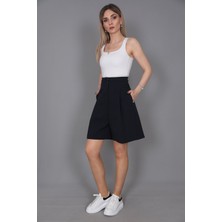 Yüksek Bel Pileli Şort-Lacivert