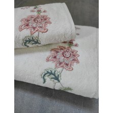 Tivoli 2'li Nakışlı & Bambu Banyo Havlu Seti - Çiçek Desenli & Çeyizlik & Hediyelik Havlu - Tivoli Julia - Ekru