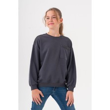 Kız Çocuk Cep Omuz Şeritli Sweatshirt - Füme