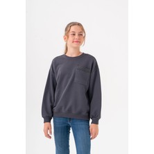 Kız Çocuk Cep Omuz Şeritli Sweatshirt - Füme