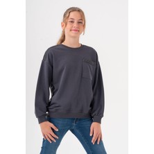 Kız Çocuk Cep Omuz Şeritli Sweatshirt - Füme