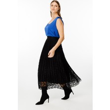 Ekol Kadın Büyük Beden Beli Lastikli Dantel Detaylı Etek 3065 Siyah