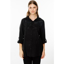 Ekol Kadın Büyük Beden Önü Taşlı Gömlek 2663 Siyah
