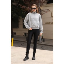Sweatshirt Gri Kadın Yarım Fermuarlı Özel Tasarım