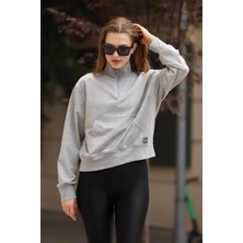 Sweatshirt Gri Kadın Yarım Fermuarlı Özel Tasarım