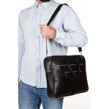 Hakiki Gerçek Deri Siyah Unisex El ve Omuz Çantası Laptop Çantası Evrak Çantası 4 Bölmeli Büyük