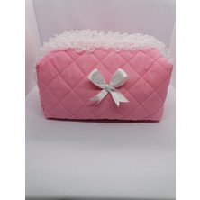 Yedi Cüceler El Sanatları Pembe Dantelli Kurdeleli Çok Amaçlı Fermuarlı Makyaj Çantası Mini Cüzdan Hediyeli 20*11*12 cm