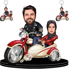 Kişiye Özel Motorsikletli Aile Figürlü +2 Adet Anahtarlık Hediyeli  3D Ahşap Biblo,Sevgiliye Hediye