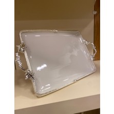 Plus Home Porselen Döküm Pirinç Ayaklı Kulplu Sunum Gümüş 35 X 26 Cm