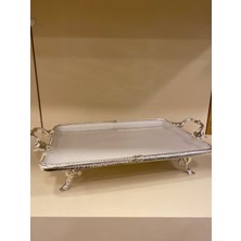 Plus Home Porselen Döküm Pirinç Ayaklı Kulplu Sunum Gümüş 35 X 26 Cm