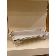 Plus Home Porselen Döküm Pirinç Ayaklı Kulplu Sunum Gümüş 35 X 26 Cm
