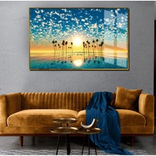 Harikabirev Yaz Manzaralı Mavi Palmiye Ve Deniz Modeli 1|Çerçeveli Temperli Cam Tablo Tekli Yatay