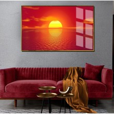 Harikabirev Yaz Manzaralı Kırmızı Günbatımı Modeli 2|Çerçeveli Temperli Cam Tablo Tekli Yatay