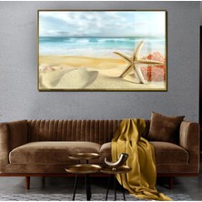 Harikabirev Yaz Manzaralı Mavi-Kumsal Deniz Yıldızı Model|Çerçeveli Temperli Cam Tablo Tekli Yatay