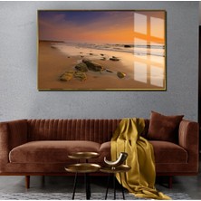 Harikabirev Yaz Manzaralı Sarı Kumsal Ve Deniz Modeli 1|Çerçeveli Temperli Cam Tablo Tekli Yatay