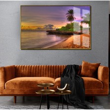 Harikabirev Yaz Manzaralı Sarı Tropikal Deniz Manzarası 2|Çerçeveli Temperli Cam Tablo Tekli Yatay